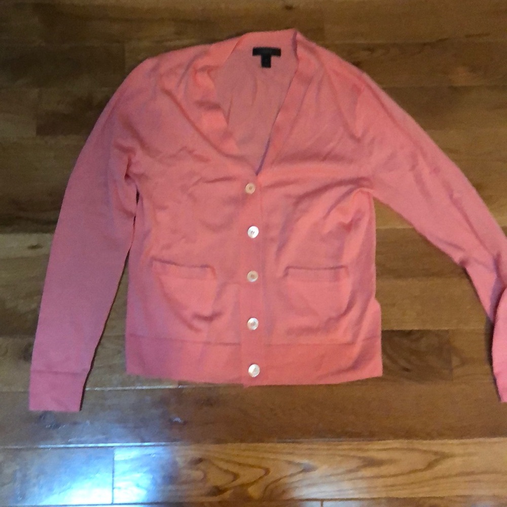 Salmon color JCrew v neck cardigan.